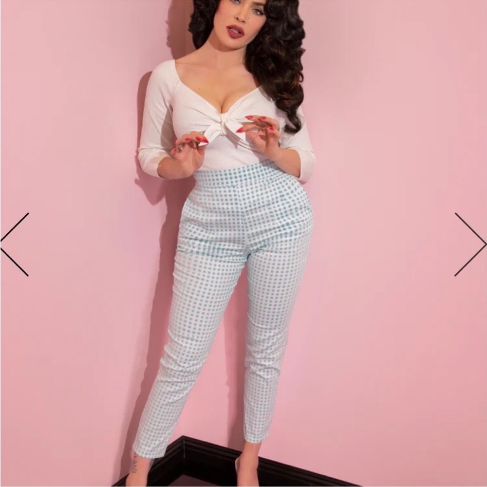 NWT BLUE GINGHAM HIGH WAISTED PANTS VIXEN BY MICHELINE PITT